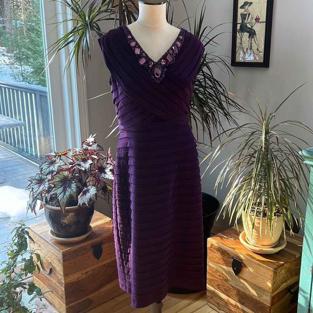 Adrianna Papell Woman 14W Gorgeous Deep Purple V-Neck Dress w Jewel Neckline